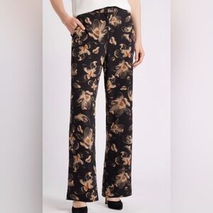 Nordstrom Black and Brown Floral Satin Feel Wide Leg Pants